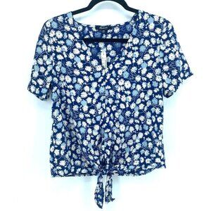 Madewell Shirt Women's XXS Viscose Tie Front French Blue Floral Pink Top New